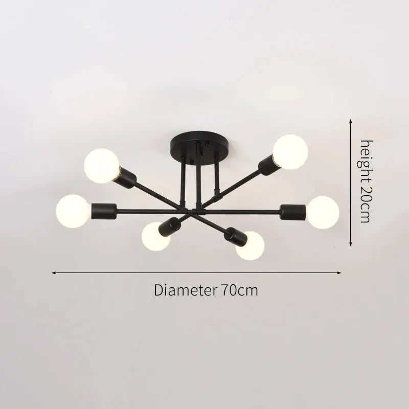 Retro Industrial 6-Head LED Ceiling Lamp in black wrought iron by Simples Market
