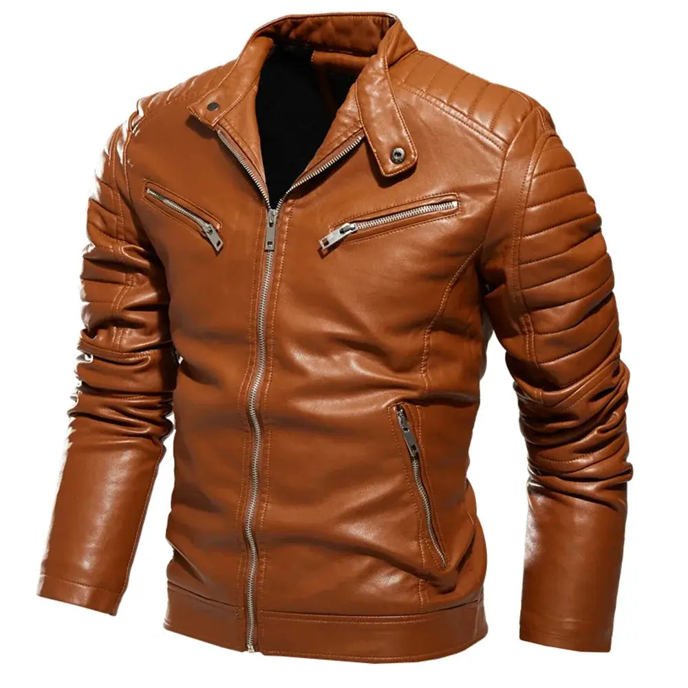 Men's brown leather motorcycle jacket with quilted sleeves, front zipper and zipped pockets.