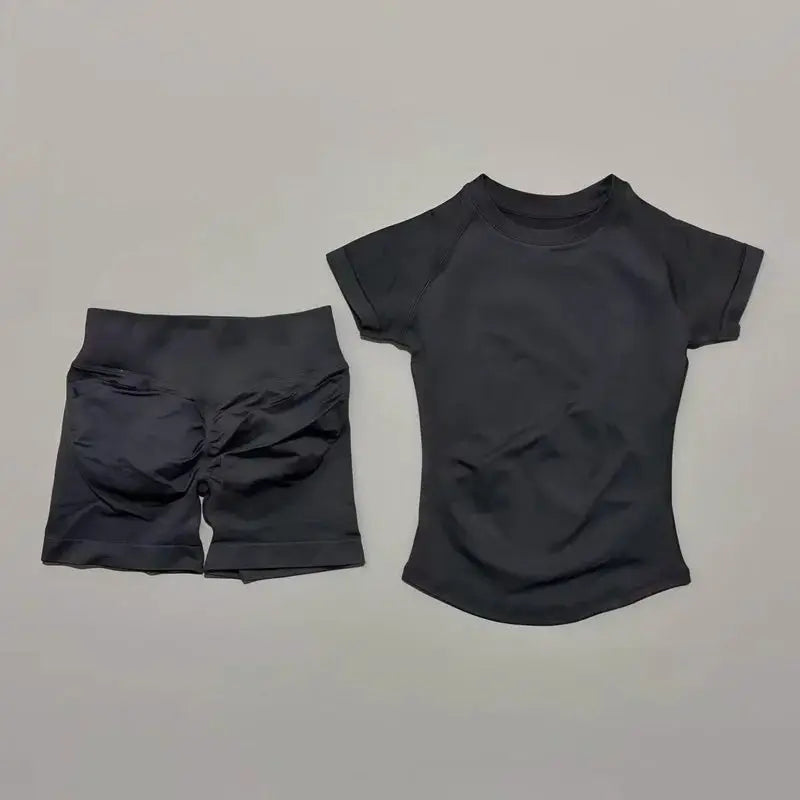 Histello 2 Piece Seamless Yoga Set Women Short Sleeve Top Leggings