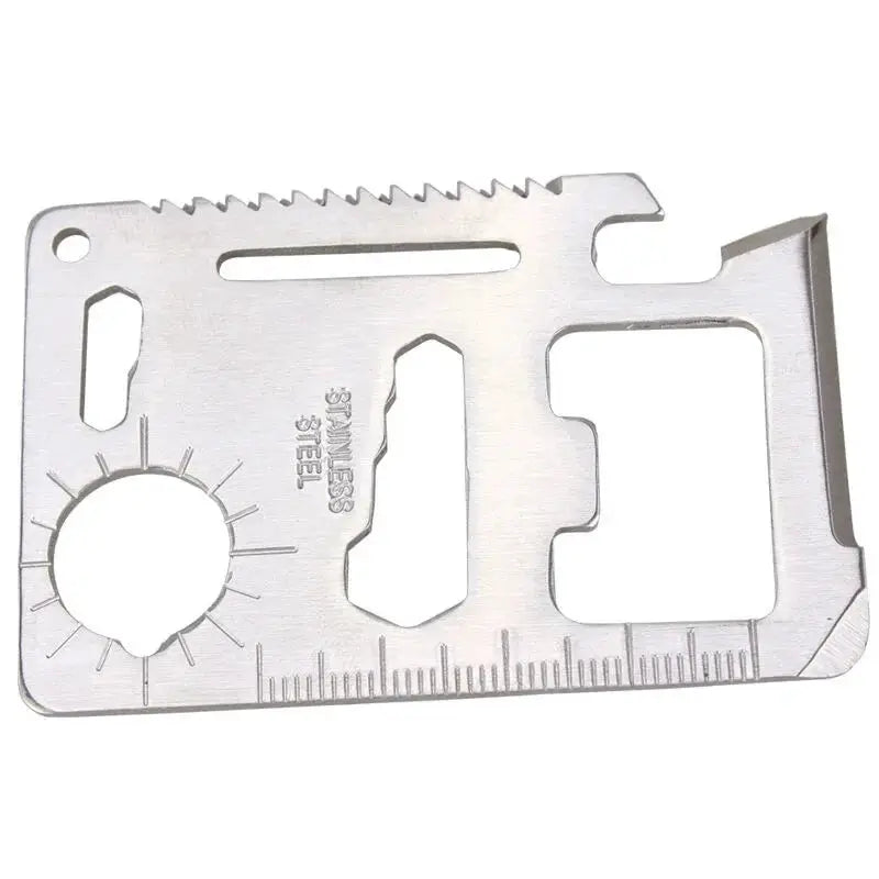 Wallet-sized Simples Market stainless steel multitool card with serrated edge and ruler