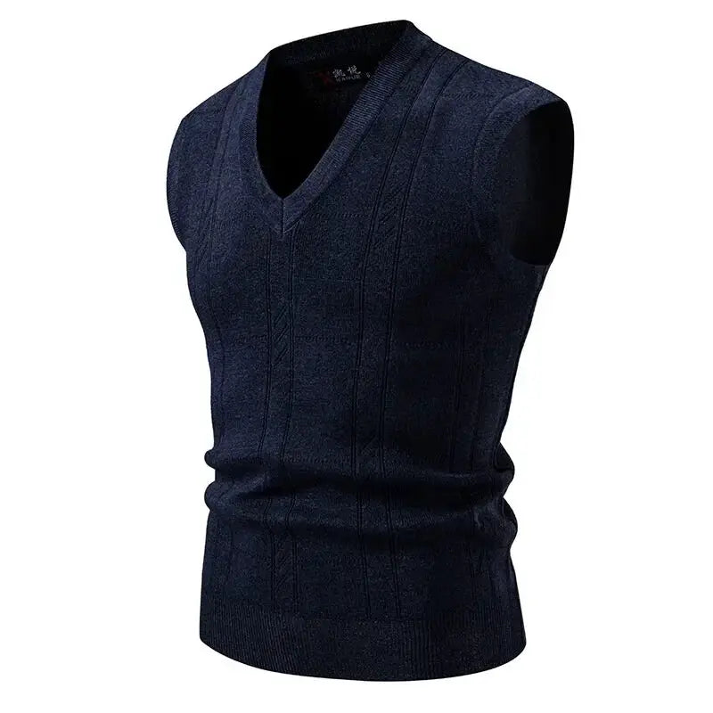 Men's navy sleeveless knit vest with V-neck, lightweight twist knit, Simples Market