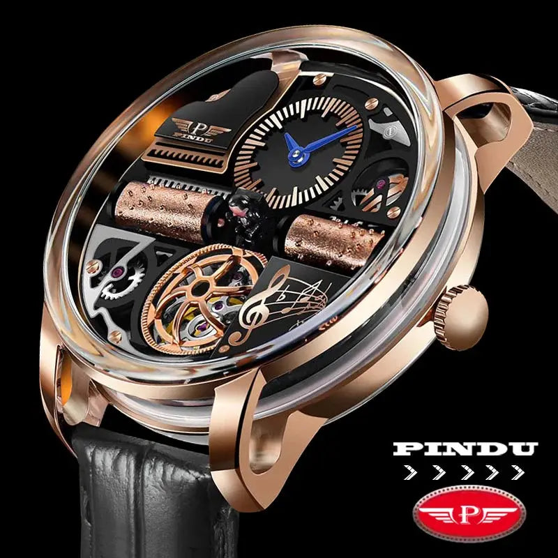 PINDU Design Music Series skeleton automatic watch for men; rose-gold stainless steel case, sapphire glass
