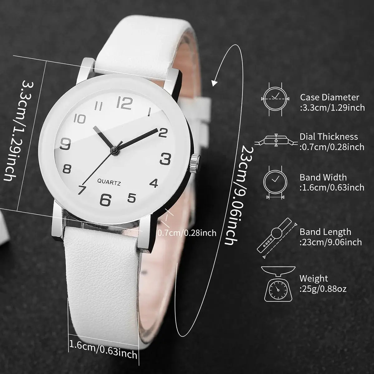 Wristwatch with white leather strap and silver case, quartz movement, Arabic numeral dial