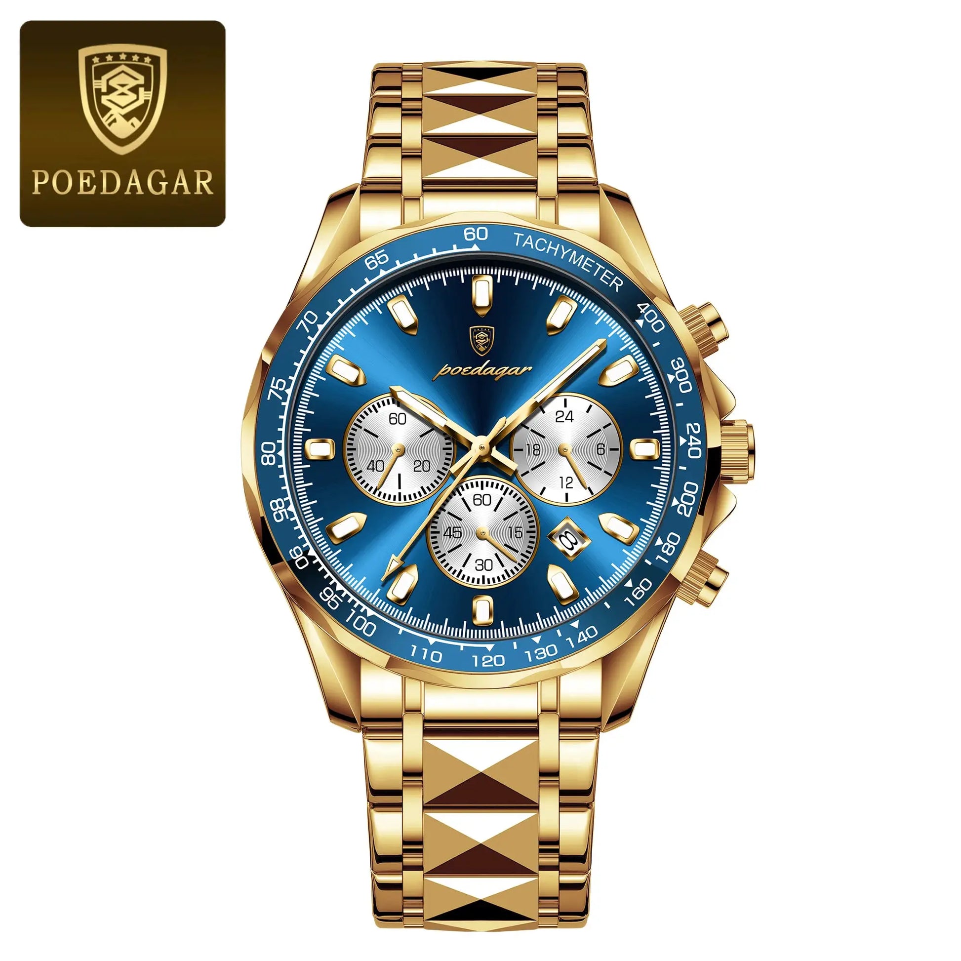 POEDAGAR watch, gold-tone stainless steel with blue dial and chronograph