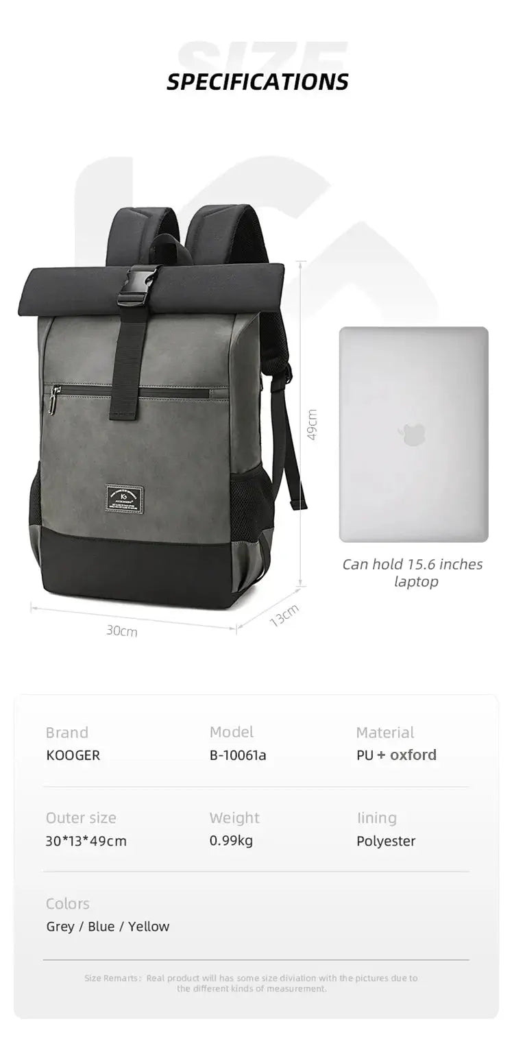 KOOGER waterproof PU leather roll-top backpack, grey/black, fits 15.6-inch laptop