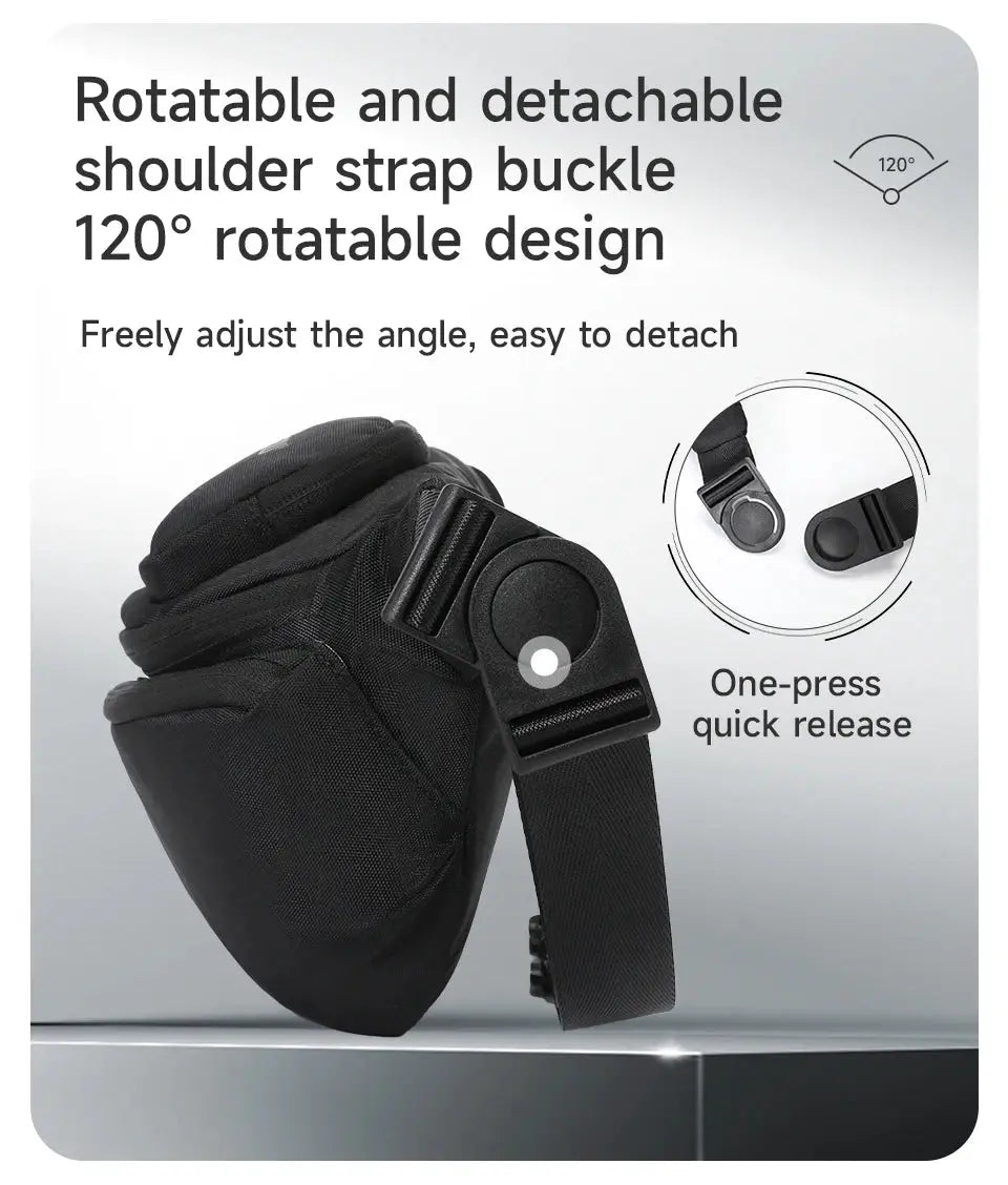 Tigernu chest bag; black tactical crossbody with rotatable 120° strap buckle and quick-release.