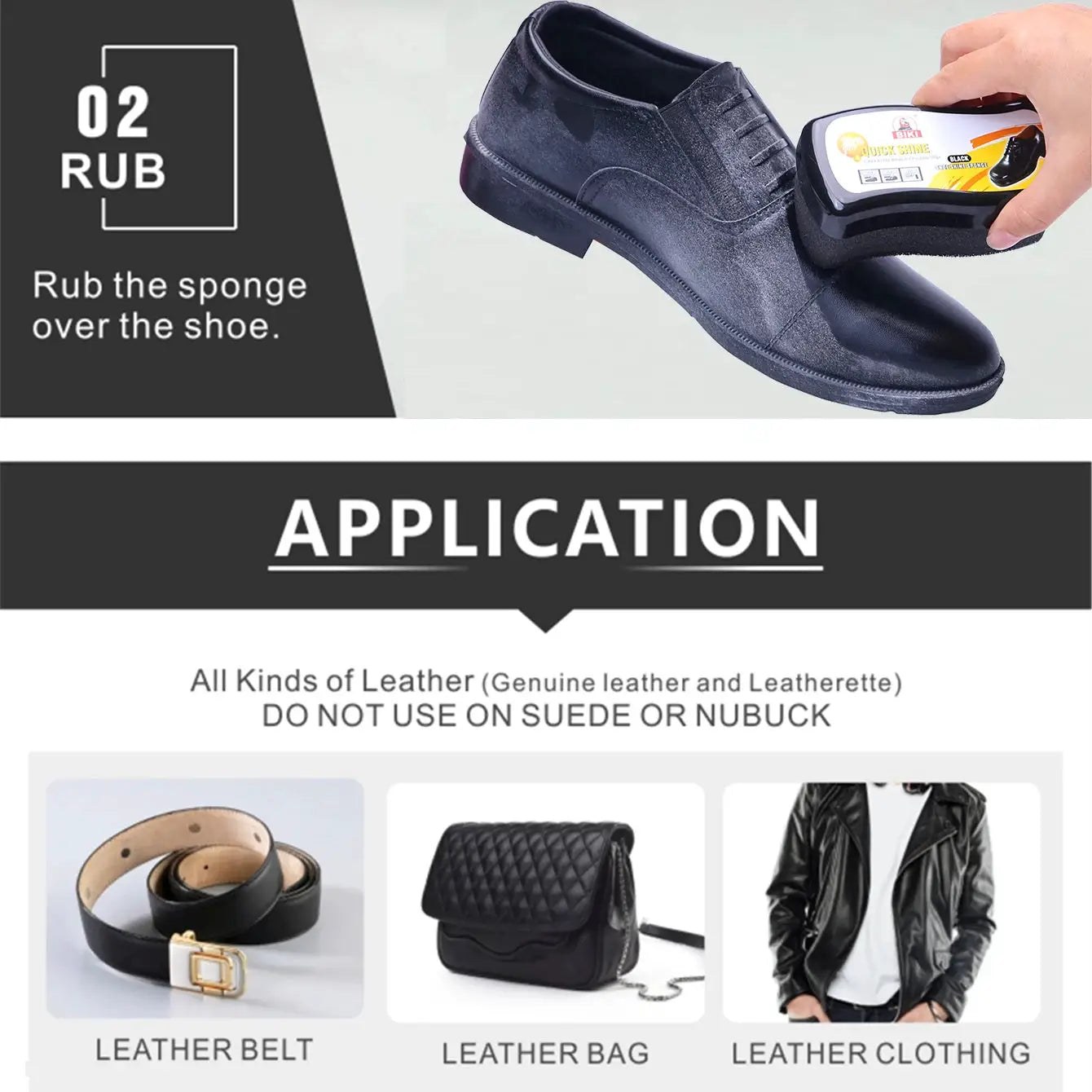 Simples Market Shoe Shine Sponge polishing a black leather shoe for genuine, synthetic, and imitation leather.