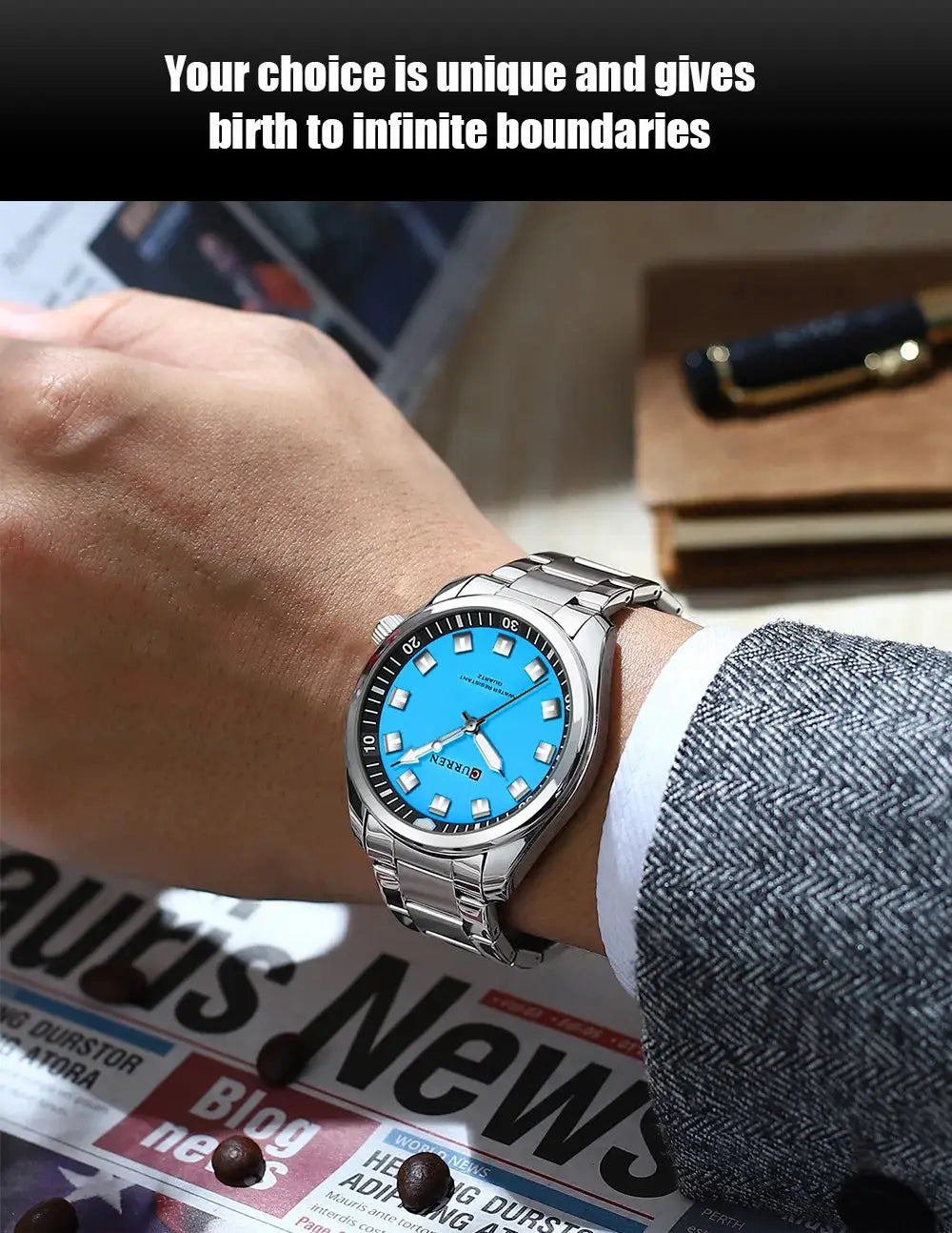 Curren 8451 men's stainless steel wristwatch with blue dial