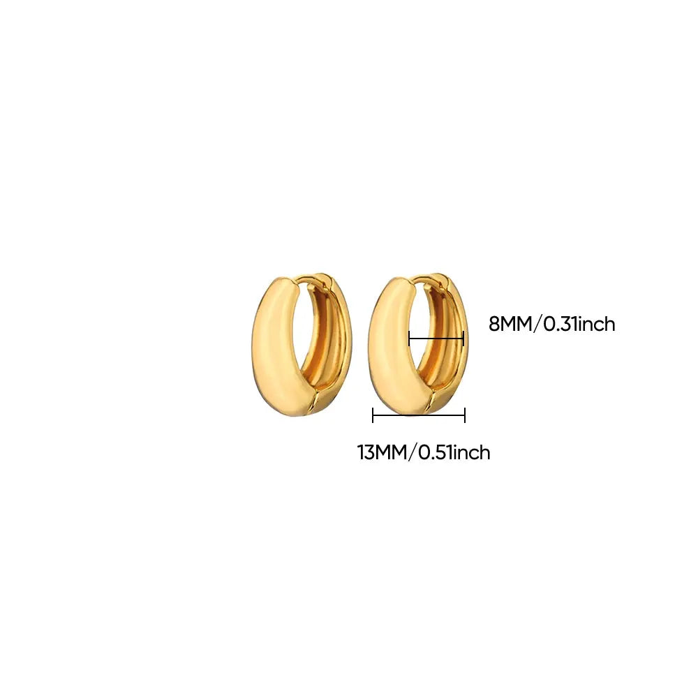 Gold-tone stainless steel hoop earrings in two sizes: 13mm and 8mm