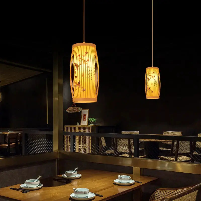 Simples Market bamboo lantern pendant lights, Chinese/Japanese style, warm amber glow, set of 2