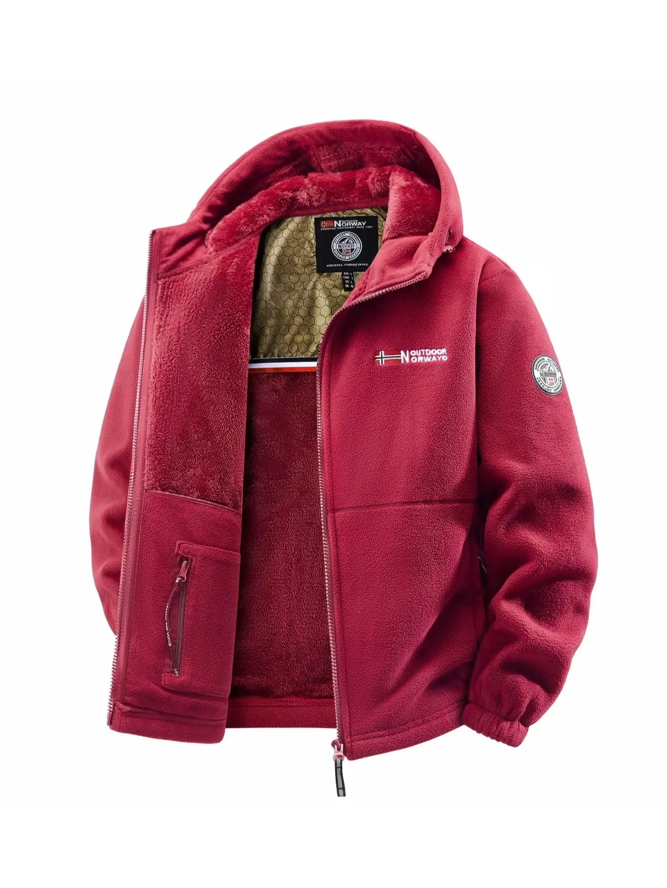 Men's red fleece hooded jacket with gold honeycomb lining and Outdoor Norway patch