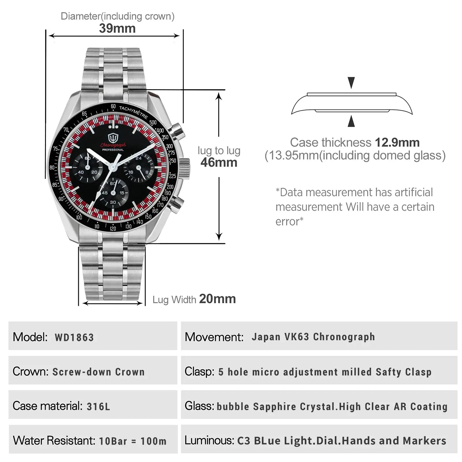 Watchdives WD1863 stainless steel 39mm chronograph watch with black dial, tachymeter, sapphire crystal, luminous hands