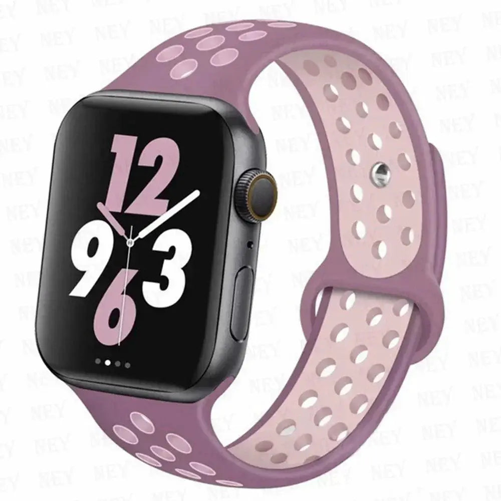 Simples Market silicone sport watch strap for Apple Watch, purple perforated Pride band (38–45mm).