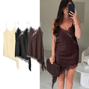 TFMLN Women Sexy Lace Splicing Dresses Slimming Silhouette With Asymmetrical Neckline And Backless Design