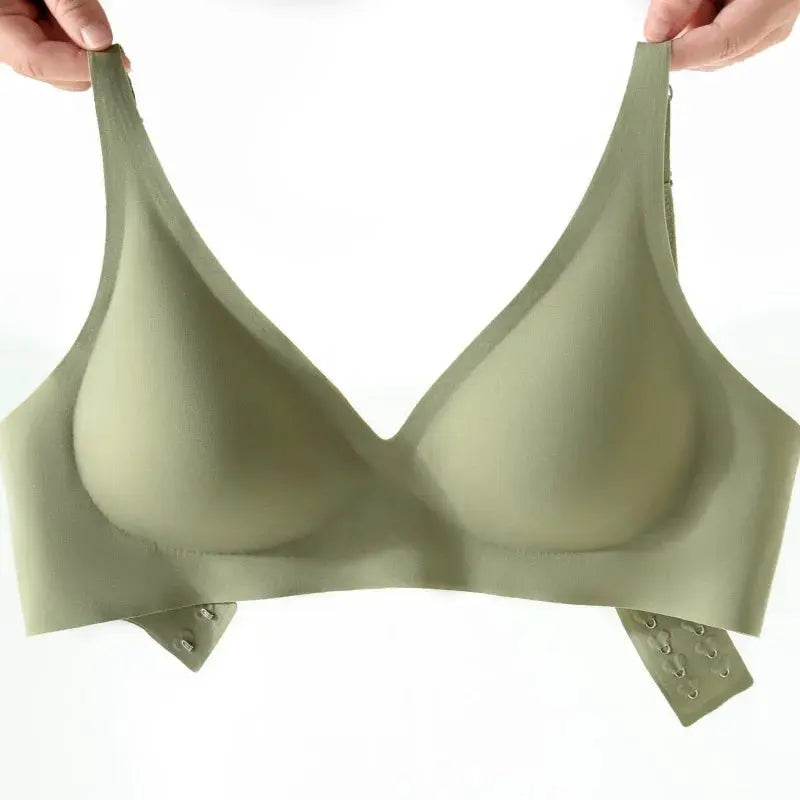 Push-up seamless bra, olive green, non-wire bralette with back hook closure