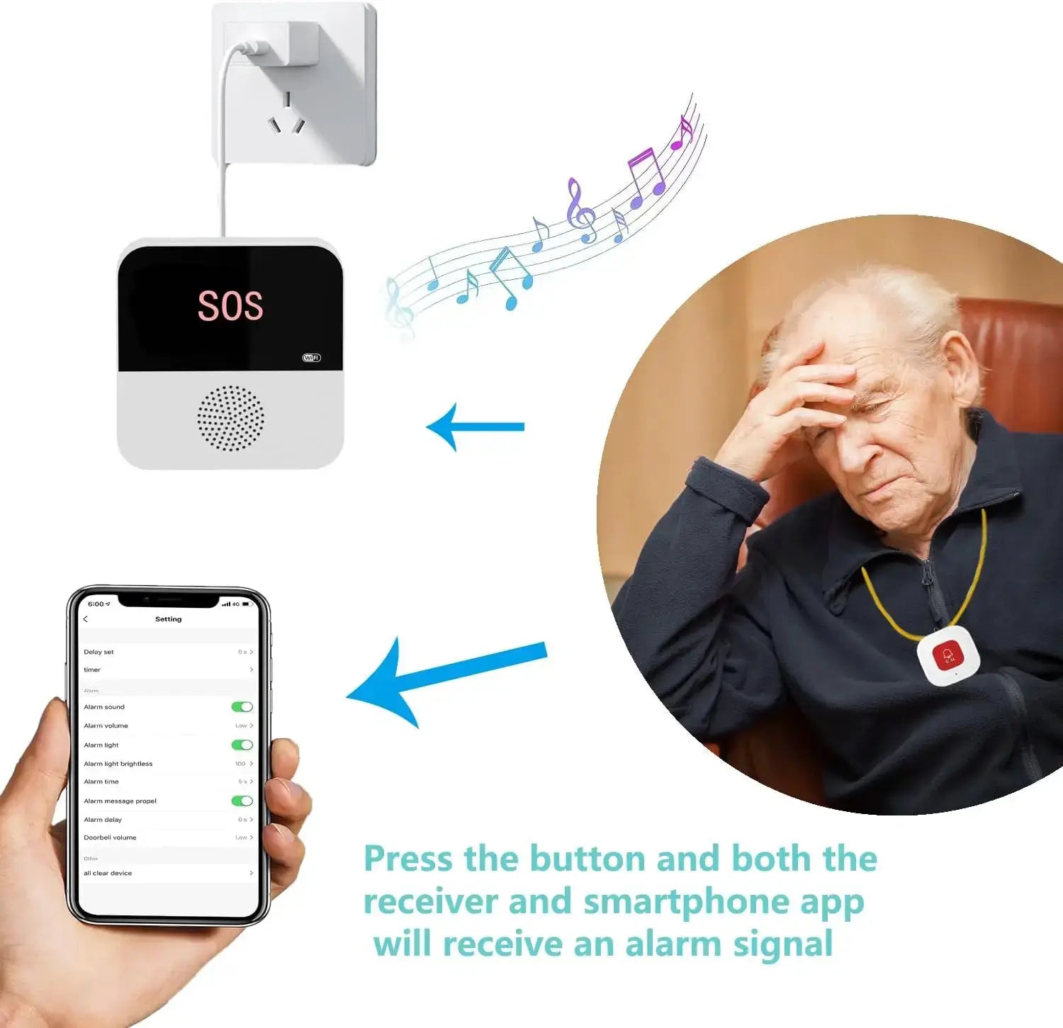 Wireless elder-care SOS pager by Simples Market with wall charger, smartphone app, and wearable pendant