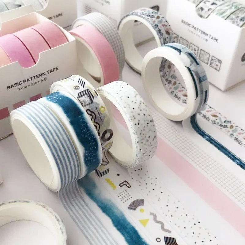 5-pack Washi tape set by Simples Market with assorted blue, pink, and white pattern tapes for crafts