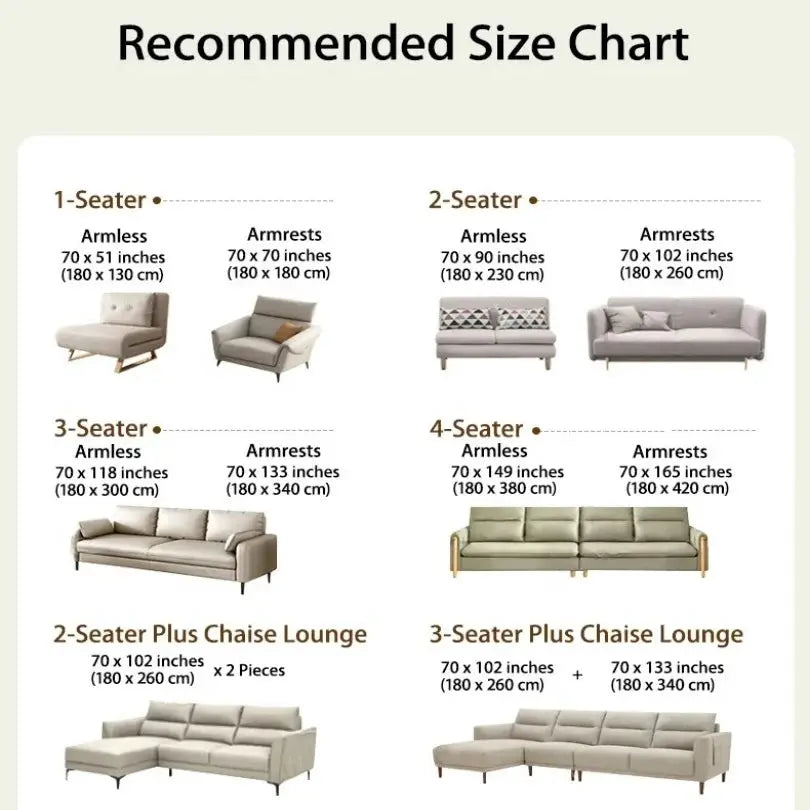 Sofa size chart by Simples Market showing 1–4 seater and chaise configurations with armless/armrests and dimensions.