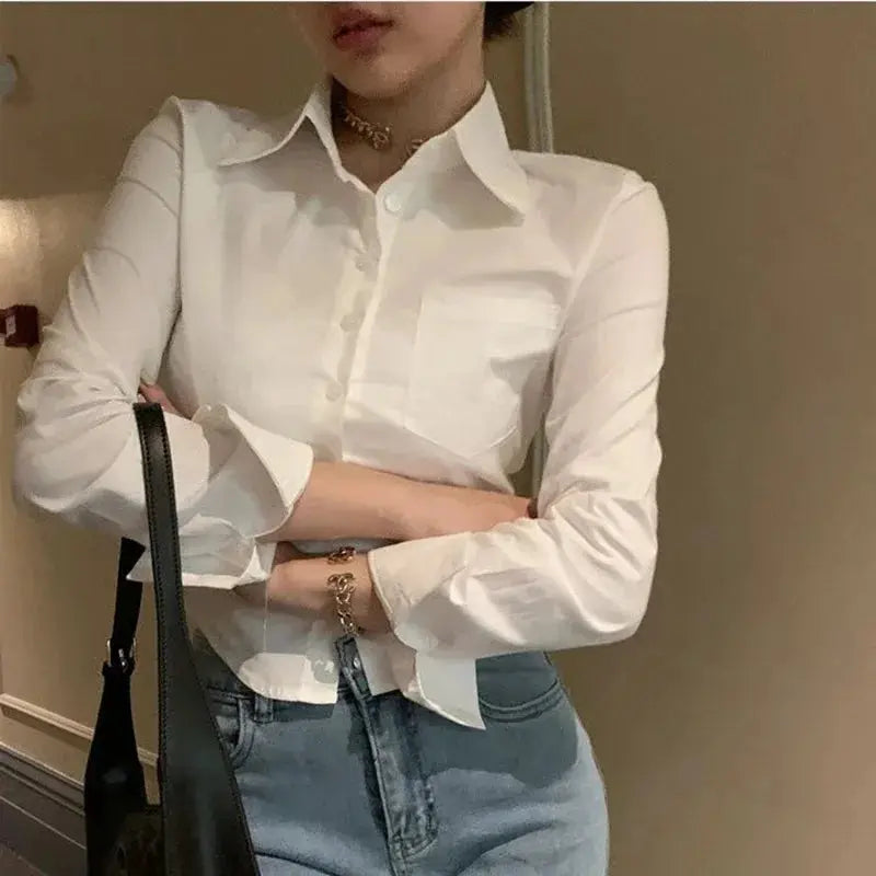 Korean white chiffon office blouse for women with chest pocket and long sleeves