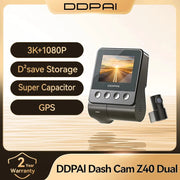 DDPAI Z40 dual dash cam system; black main dash cam with GPS and a small companion camera, 2-piece set