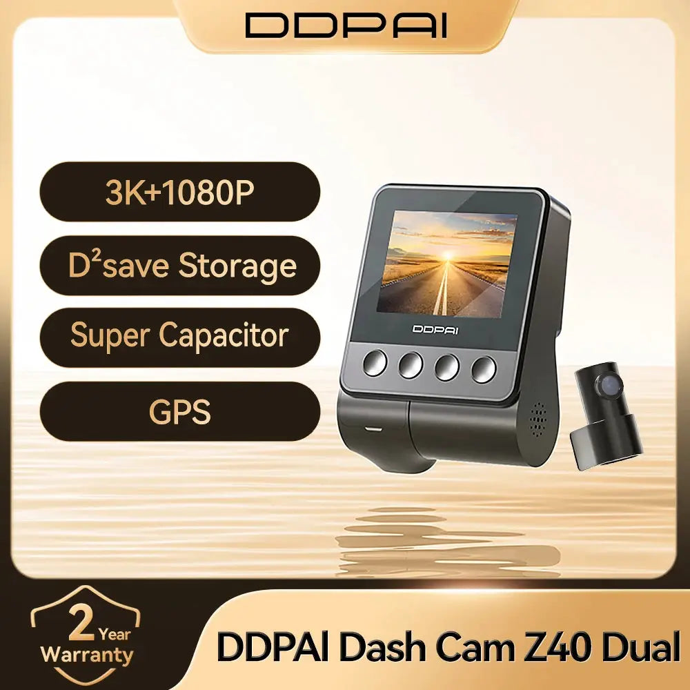 DDPAI Z40 dual dash cam system; black main dash cam with GPS and a small companion camera, 2-piece set