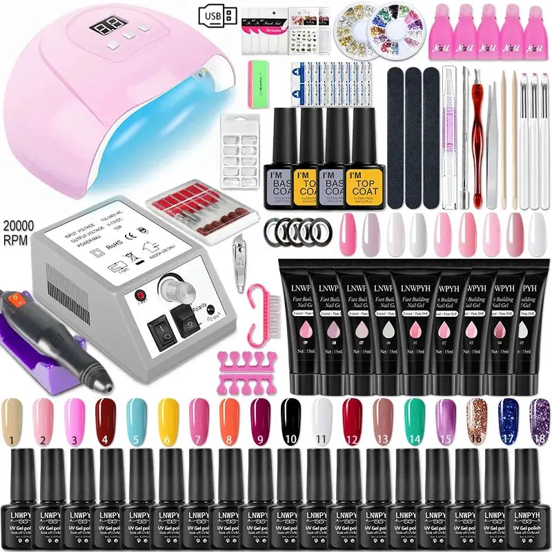 Nail gel kit by Simples Market with pink LED lamp, nail drill, and complete gel polish set with tools
