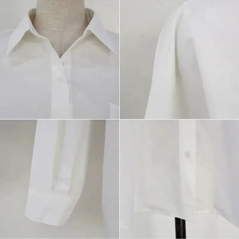 White cotton long-sleeve blouse with turndown collar, loose fit for office wear