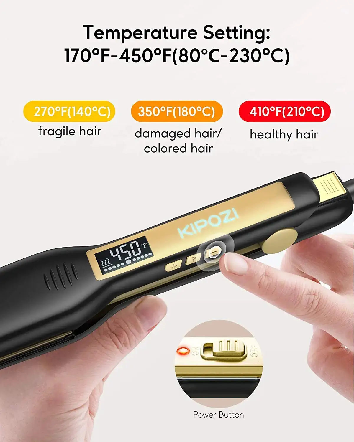 KIPOZI titanium flat iron with digital LCD display, dual voltage, black/gold finish, temp range 170-450°F