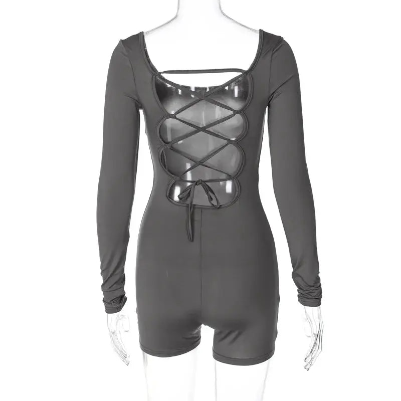 Hugcitar backless gray long-sleeve lace-up playsuit with crisscross front and waist tie