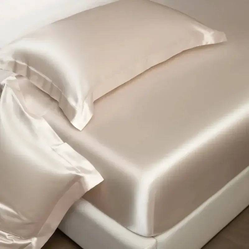 Mulberry silk fitted sheet set, 3-piece with pillowcases, champagne color, satin-smooth bed linen