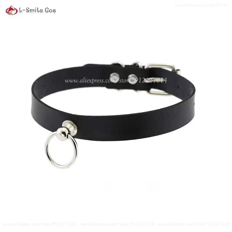 Cosplay choker necklace with silver ring accent on black faux leather band