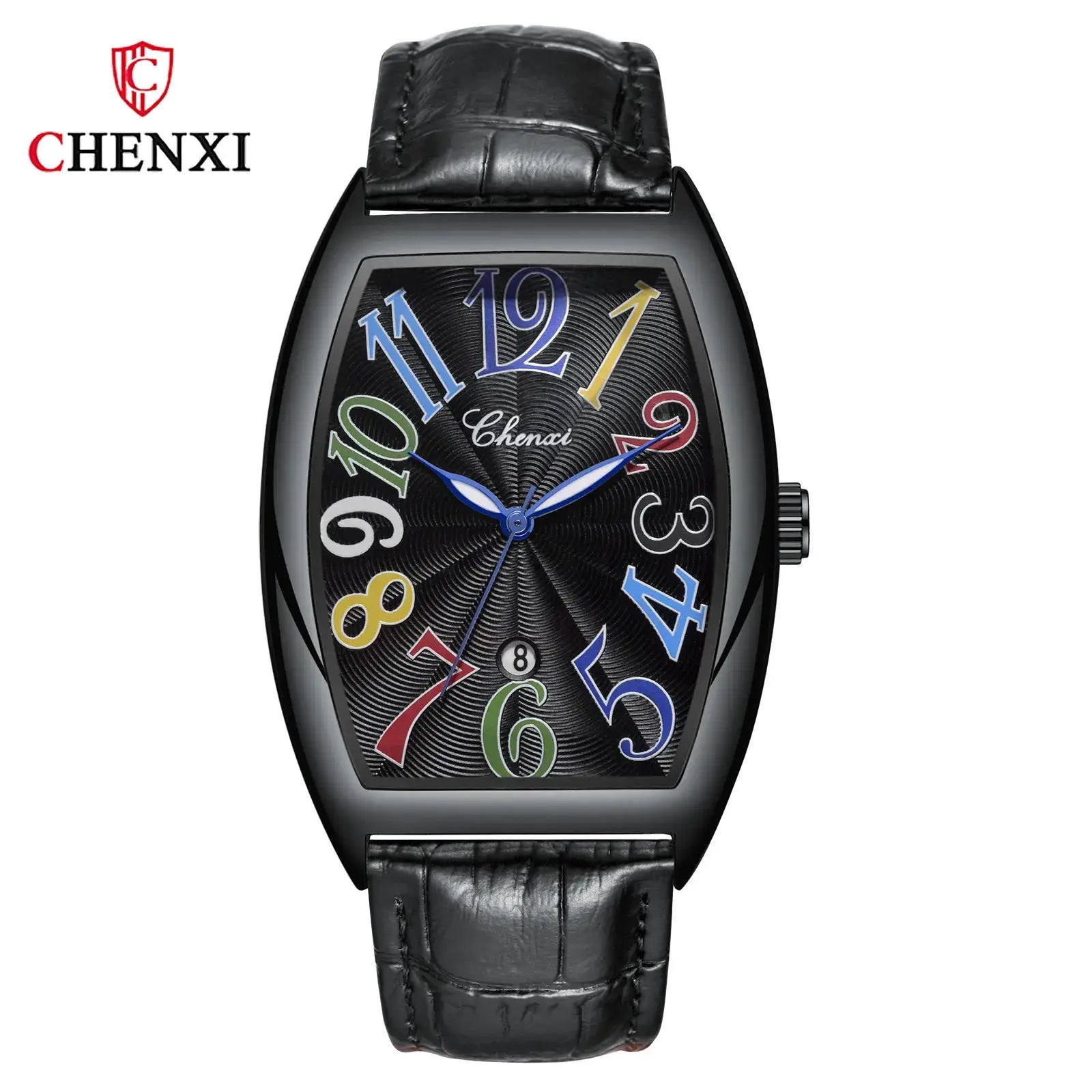 CHENXI men's watch with black leather strap, curved case, colorful numerals and date window