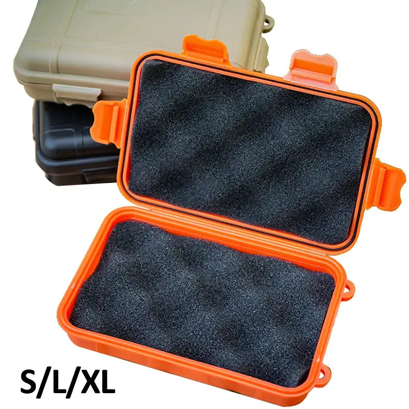 Set of three orange plastic waterproof sealed survival storage boxes with foam-lined interiors