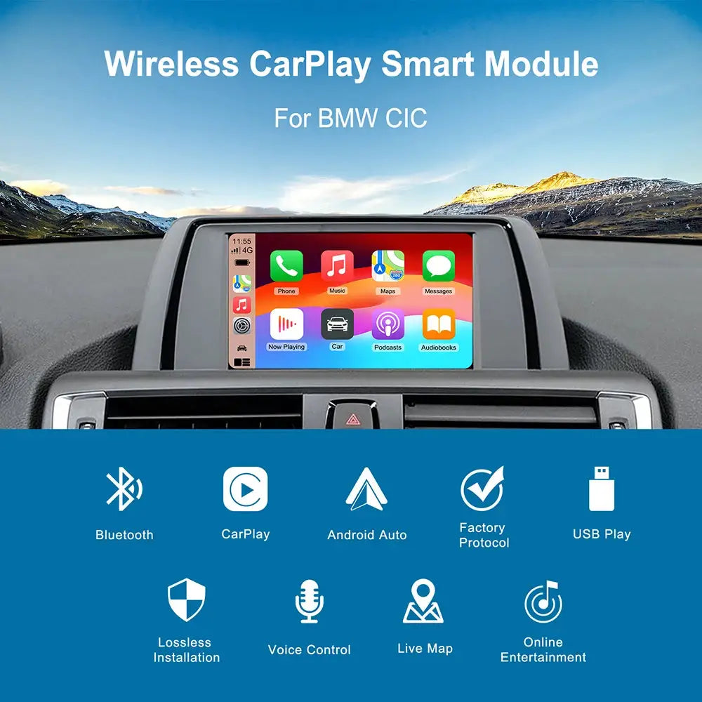 Wireless CarPlay Android Auto Module by Simples Market for BMW CIC dashboard with blue feature icons