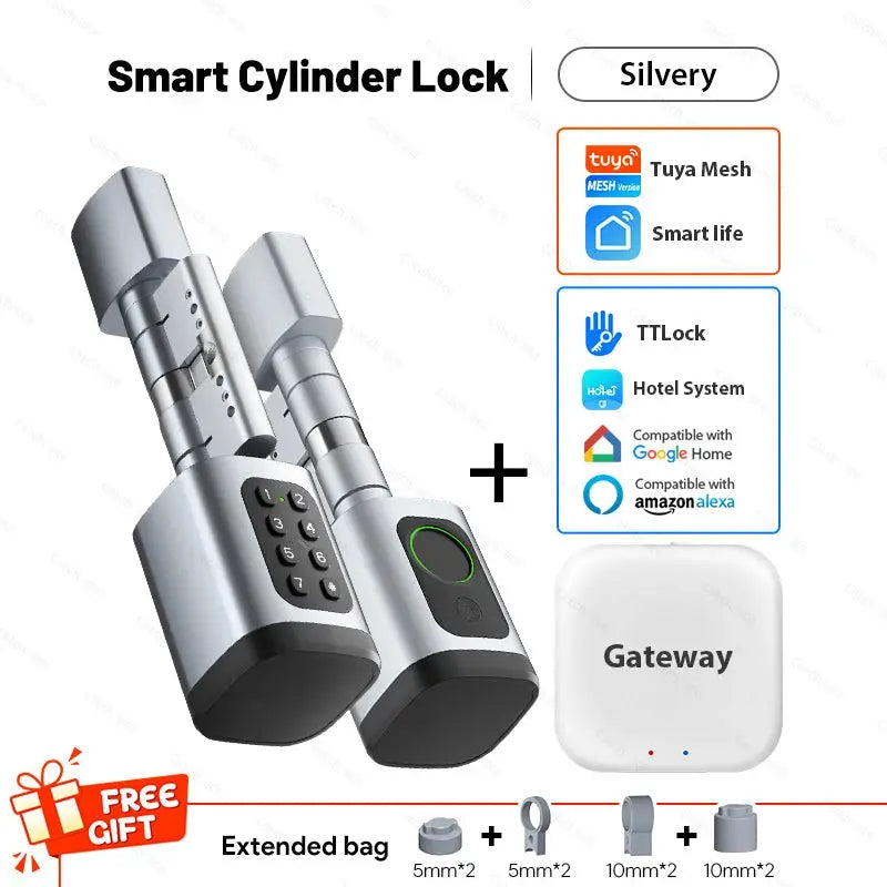 V1 Pro+ silver smart cylinder door lock kit with keypad, fingerprint, RFID, and gateway hub