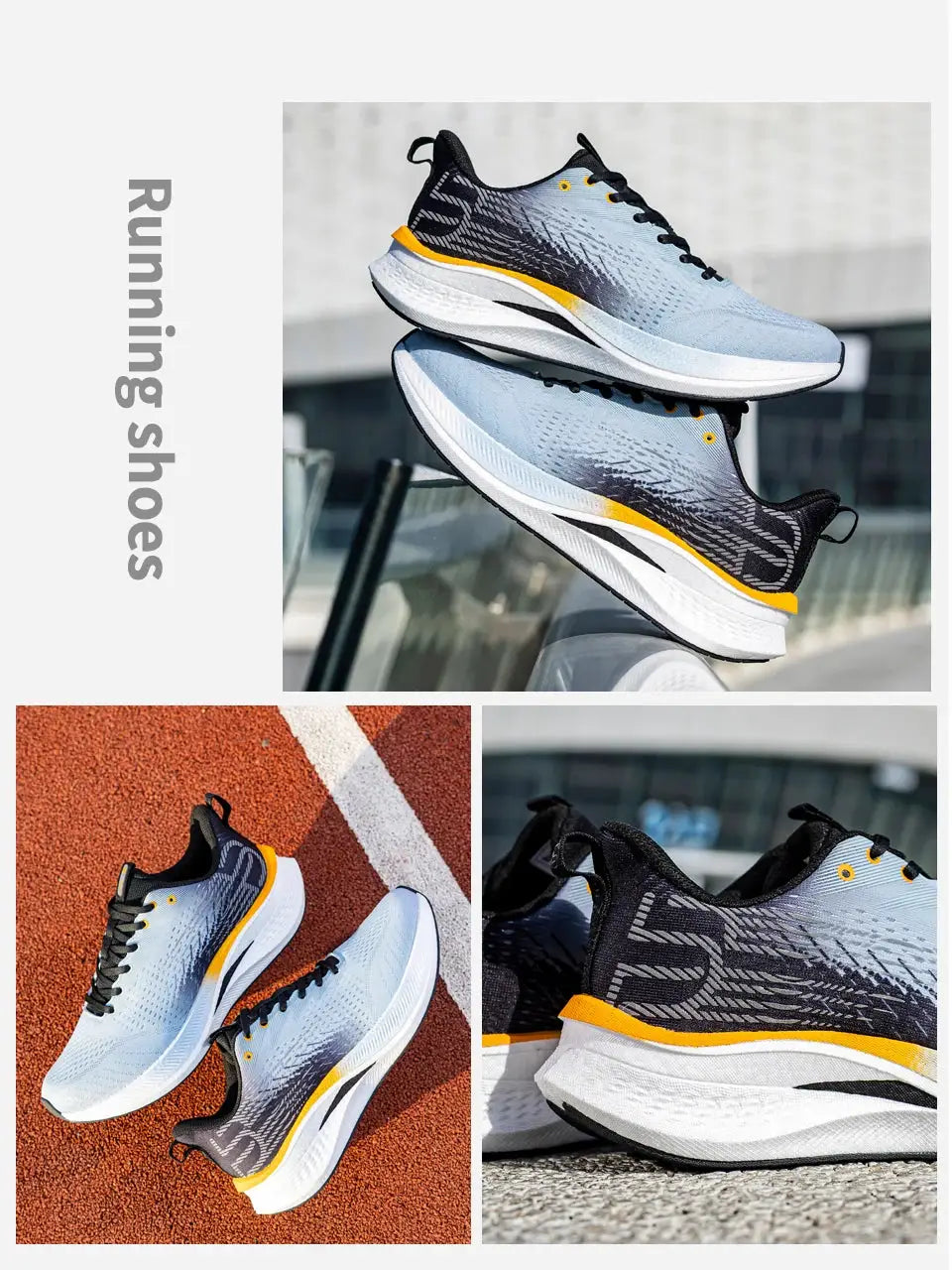 Baasploa men running shoes pair with carbon plate, light gray-blue uppers, yellow accents, breathable cushioned sole