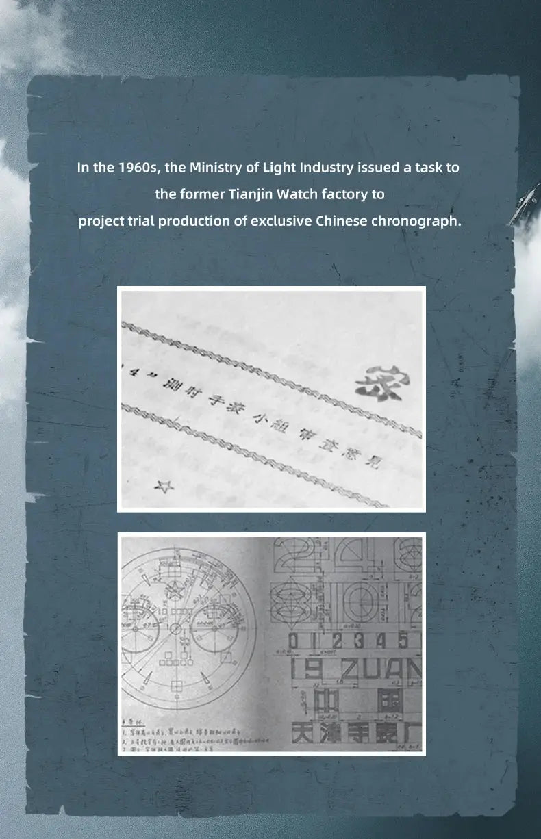 Seagull 1963 watch collage; two grayscale technical drawings on blue textured background
