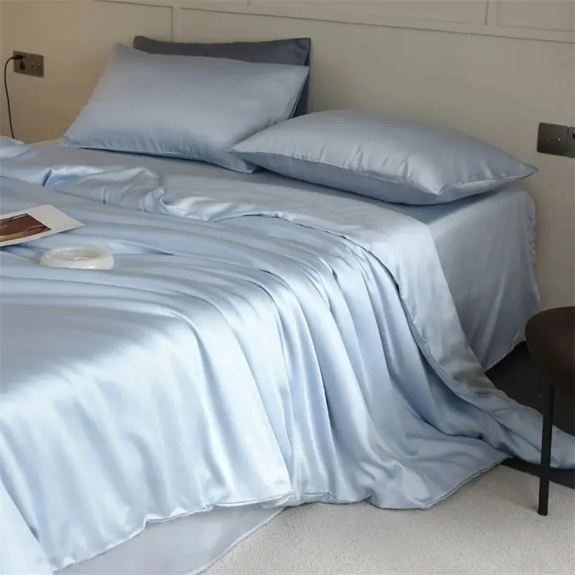 Mulberry silk bedding set in light blue with duvet cover, bedsheet and pillowcases