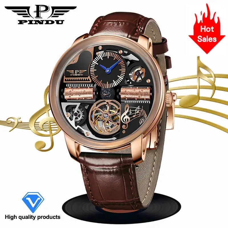 PINDU watch skeleton automatic movement, men's rose gold stainless steel case, brown leather strap