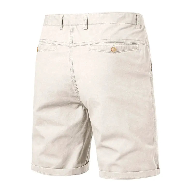 Men's beige lightweight quick-dry golf shorts with flat front and four pockets
