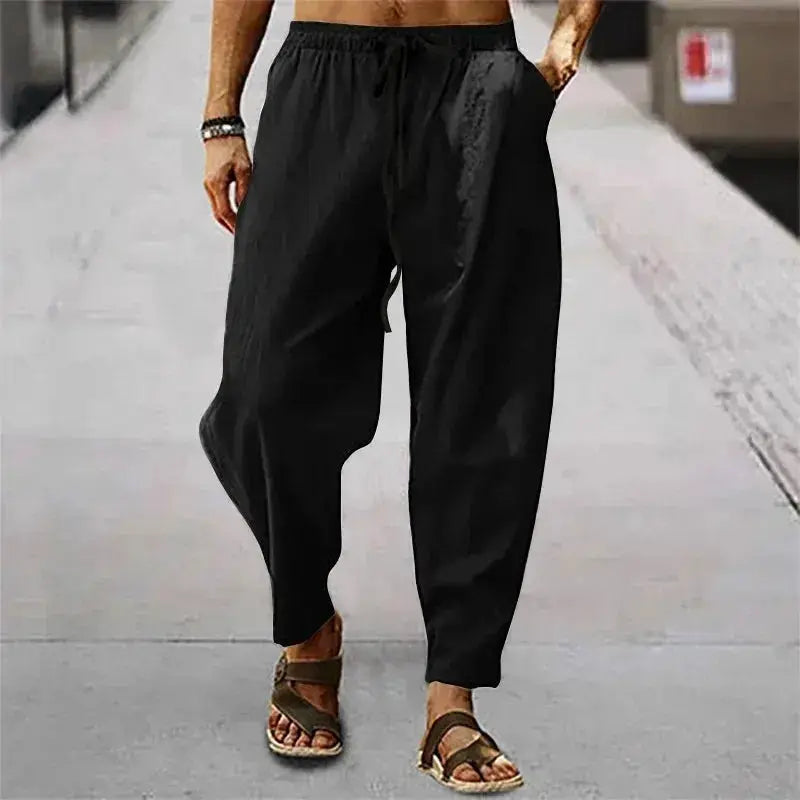 New Men's Cotton Linen Pants Summer and Autumn High Waist Wide Leg Trousers Breathable Casual Loose Fit