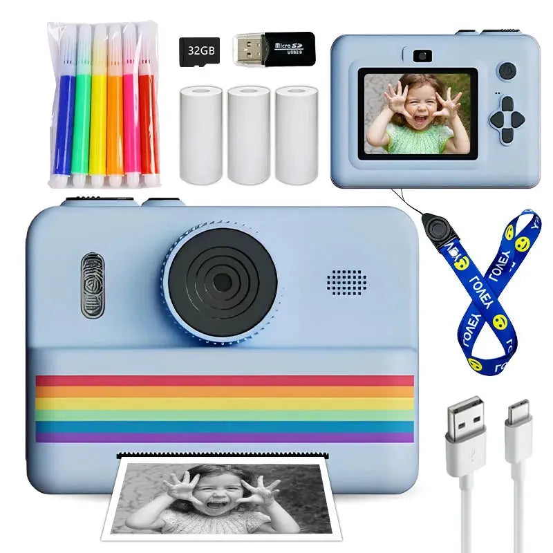 Kids Instant Camera With 32GB Memory Card And Color Pencils Dual Cameras Flashlight Educational Gift For Boys And Girls