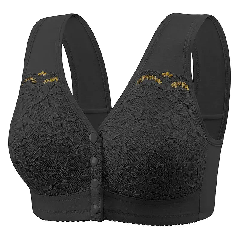 Front-closure lace bra, black, extra large, wide straps