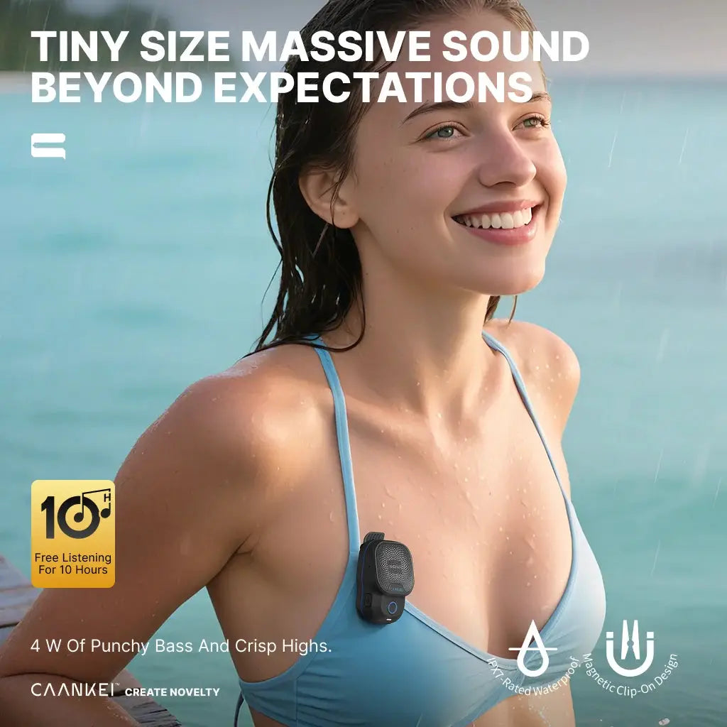 Simples Market wearable Bluetooth speaker clip-on, black compact design, IPX7 waterproof, attached to bikini top.