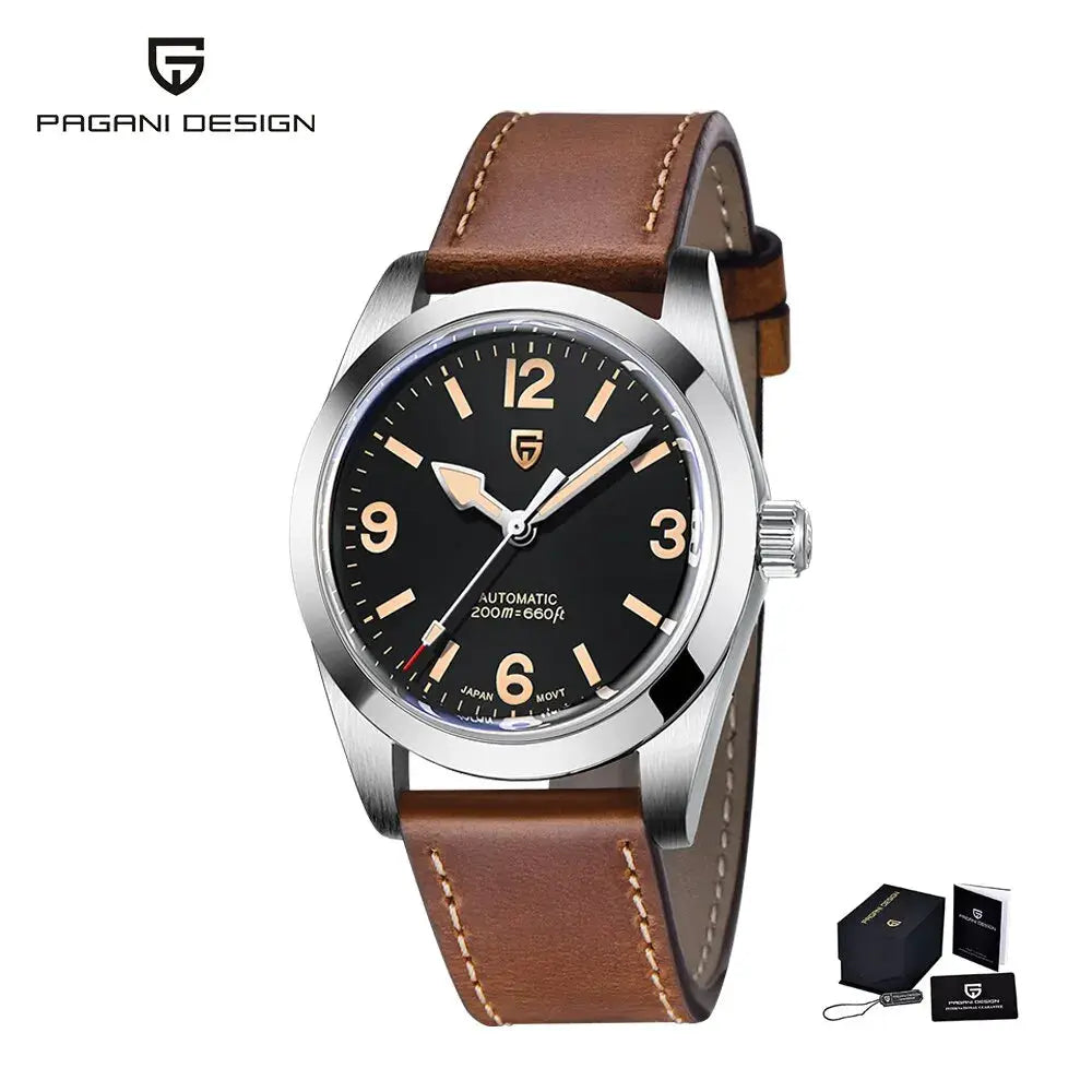 Pagani Design 36mm men's automatic watch with black dial, stainless steel case, leather strap, 200m water resistance