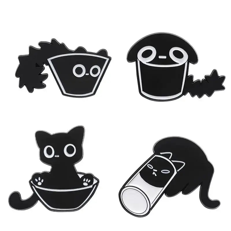 Cat Enamel Pins Set 4 To 6 Pieces Cute Black Fluid Cat Brooches Lapel Pins Jewelry Gift For Friends