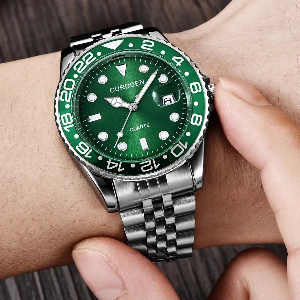 Men Calendar Quartz Watch With Green Dial Stainless Steel Band Full Calendar Function Casual Everyday Timepiece