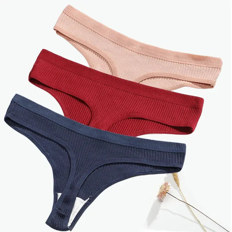 3-pack women's cotton low-rise panties in peach, red, and navy
