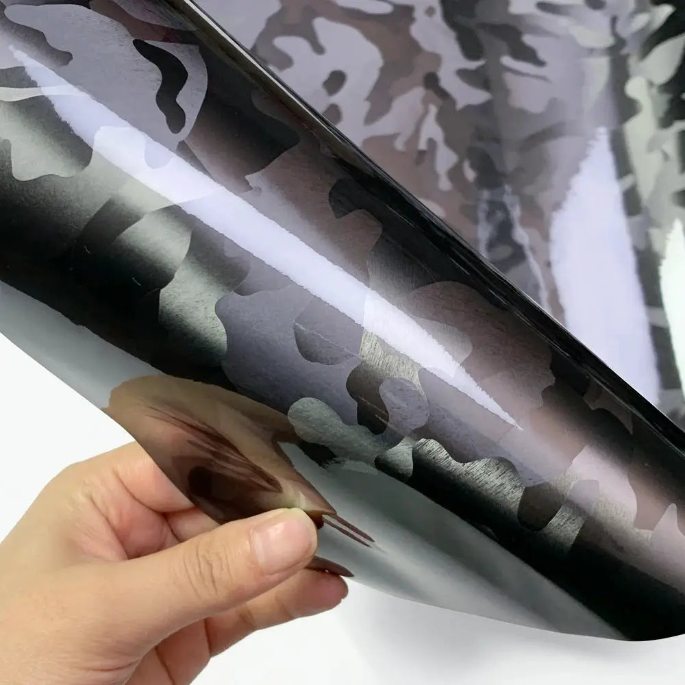 Carbon fiber vinyl wrap film, glossy camouflage pattern in black/gray, self-adhesive car decal