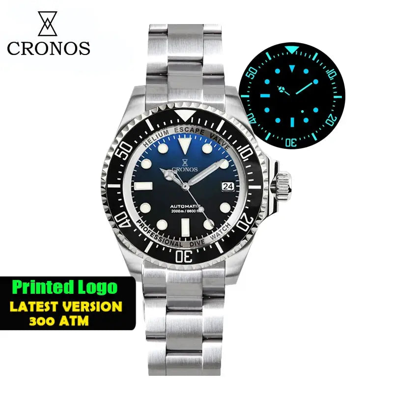 Cronos automatic diving watch with stainless steel bracelet and 2000m water resistance.